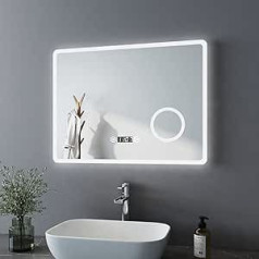 Kobest Bath-mann LED Bathroom Mirror, 80 x 60 cm, with Cool-White Light, Bathroom Mirror with Clock, Bluetooth, Touch Light Switch, Anti-Fog Mirror, Wall Mounted Lit Mirror, Horizontal or Vertical, 6400 K
