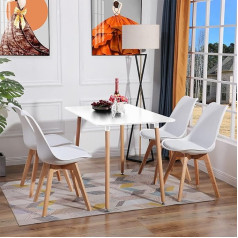 H.j Wedoo Dining Table Kitchen Table Set, Rectangular Dining Table with 4 Oak Dining Room Chairs, Suitable for Dining Room, Kitchen, Living Room, White Dining Table and Chairs
