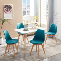 Furnitable Dining Table with 4 Dining Room Chairs, Scandinavian Design, Kitchen Table with Padded Chairs, Suitable for Dining Room, Kitchen, Living Room, White Dining Table and Turquoise Chairs