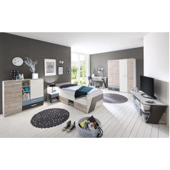 Lomadox Jugendzimmer Kinderzimmer Komplett Set, Eiche mit weiß, Lava blau, 90x200 cm Kojenbett, Kleiderschrank, Schreibtisch, Nachtschrank, Kommode, Lowboard