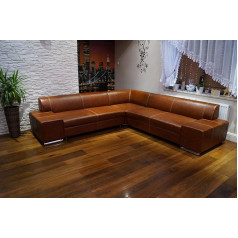 Quattro Meble London II RE Corner Sofa 277 x 277 cm Brown Genuine Leather with Decorative Stitching Sofa Couch with Sleep Function Bed Box Leather Sofa Real Leather Corner Couch Leather Furniture