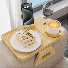 Swaitee Bamboo Sofa Tray Armrest, Magnetic Couch Tray with 360° Rotating Phone Holder, Foldable Couch Drink Holder with Wine Glass Holder for Food and Drinks