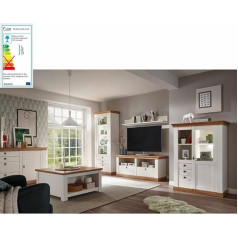 Lomadox Complete Country House Living Room Set in Pine White and Wotan Oak W x H x D : 366 x 204 x 52 cm (including Coffee Table and Lighting)