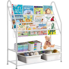 Hossejoy Metal Bookcase for Kids, 5 Tier Freestanding Bookcase Kids Bookcase Storage Organizer Stand for Toy Book Study Bedroom Playroom (White)