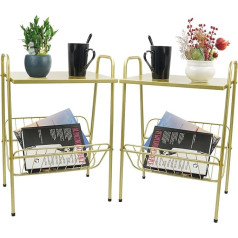Jbikao Side Table, Turntable Stand with Storage, Magazine Rack, Bedside Table, Side Table for Living Room, Metal, Gold, Pack of 2