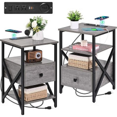 Livofloral Bedside Table Set of 2 with Wireless Charging and USB Ports, Side Table Set 2 with Sockets, Bedside Tables with Drawer, Small Bedside Table for Bedroom, Living Room