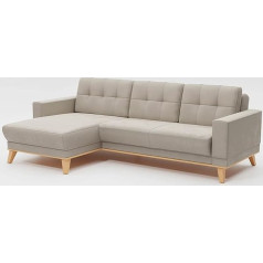 Cavadore Lima Corner Sofa with Longchair / Couch in L-Shaped with Sleep Function + Bed Box / Wooden Frame + Stitching in the Back / Flat Weave Beige