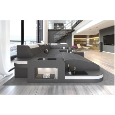 Sofa Dreams Wohnlandschaft Wave U-Shape Sofa in Leather - with LED Lighting, Adjustable Headrests, Chaise Longue / Leather Colours Selectable / Orientation Selectable (Ottoman Left, Grey/White)