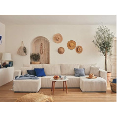 Bestmobilier Topaze - U-Shape Living Area - 7 Seater - with Sleep Function and Bed Box - Made of Corduroy Beige