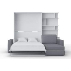 Maximahouse Invento LED Vertical Cupboard Bed 140 V (140 x 200) with Milo Corner Sofa and Shelf (White Matt + Grey Corner Sofa + Shelf)