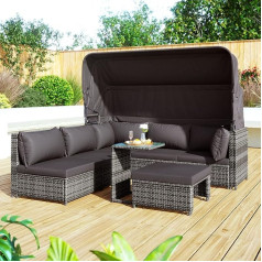 Vrdrem 5 Piece Rattan Garden Furniture Set, Patio Lounge Set with Canopy, All Weather Wicker, Washable Cushions, Grey Wicker + Grey Cushions