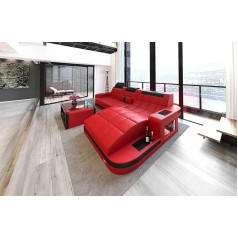 Sofa Dreams Leather Sofa Wave L Shape Corner Sofa in Leather - with LED Lighting, Adjustable Headrests, Chaise Longue / Choice of Leather Colours / Choice of Orientation (Ottoman Right, Red/Black)
