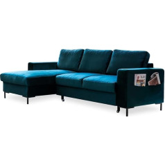 Miuform Corner Sofa with Sleep Function and Bed Box, Lofty Lilly, Living Load Couch, Sofa Bed, Living Room, Guest Room, Velvet Fabric, Metal Feet (Petrol Green, Left Aligned)
