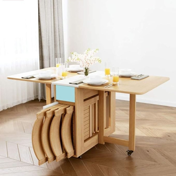MU Household Folding Table / Chair Home Combination Multifunction Table on Wheels 360 Degrees Rotation Wood Rectangular Table Telescopic Desk