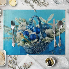 Knsam Place Mats Fabric Christmas Set of 6 Christmas Decoration Table Mats Cotton Linen Dirt-Repellent and Washable Place Mats White Blue for Home Kitchen Restaurant and Hotel 32 x 42 cm