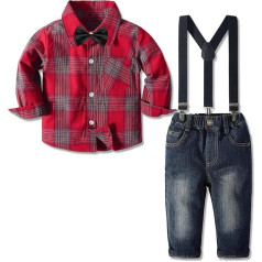 Yilaku 4-Piece Boys' Clothing Sets Checked Shirt & Bow Tie & Braces Christening Suit Toddler Festive Suit Children's Clothing Boys, red