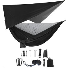 Camping Hammock Set, Single Double Hammock, Mosquito Net, Insect Net, Rain Fly, High Strength Parachute Fabric Hanging Bed, Suitable for Outdoor, Hiking, Camping, Travel, Black