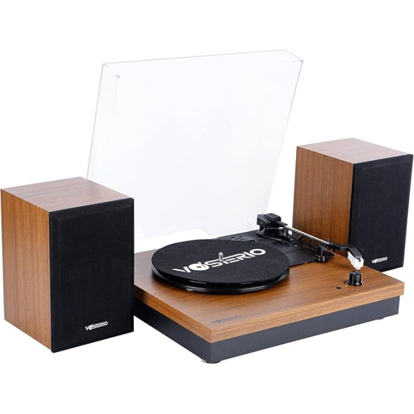 Vinyl Record Player VOSTERIO Bluetooth Record Player with Two 15 W External Speakers HiFi Stereo Speakers, 3-Speed 33/45/78 rpm, Bluetooth Input & Output, Aux-in, Walnut
