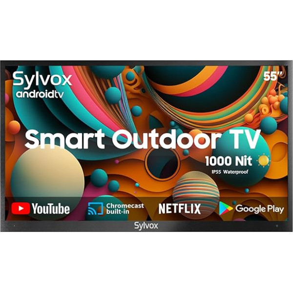 SYLVOX 1000 Nits 55 Inch Outdoor TV IP55 Waterproof, Smart Android TV 4K UHD, HDR 10, Dolby Audio Television Voice Search, DTV & ATV, DVB-T/C/T2/S/S2 HBBTV Chromecast, Bluetooth & WiFi, Deck Pro