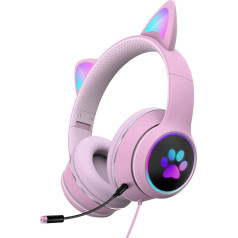 QOTSTEOS Cat Ear Headphones, Lightweight Wired Gaming Headset for Kids with LED Light, Foldable Stereo Sound with Microphone and 3.5 Audio Cable for Mobile Phone/Tablet/Laptop/PC (Pink)