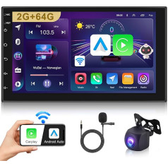 Hodozzy Car Radio Android DIN 2 Bluetooth 7 Inch 2GB 64GB Carplay Wireless Android Car Radio Double DIN Touchscreen Car Radio Navigation DSP HiFi FM RDS Radio GPS Navigation WiFi + USB Reversing