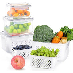 Funtopia Food Storage Containers with Lid Strainer for Fruit Vegetables Storage, Set of 4, 4.15 L + 3.15 L + 1.7 L + 0.8 L, BPA-Free, Fridge Organiser Set, Tight and Separable, Salad Berries Storage