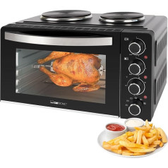 Clatronic® KK 3786 Mini Oven with Hotplates and Rotisserie | Cooking and Baking Simultaneously | Mini Oven 28 L Convection Top / Bottom Heat 100° - 230°C | Electric Mini Oven 3100 Watt Including