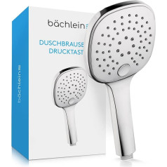 Bächlein Universal Shower Head with 3 Jet Types, Easy to Change with Practical Push Button Square Shower Head Chrome Hand Shower with Standard G 1/2 Inch Connection Dimensions