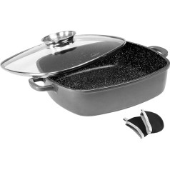 Warimex Stoneline 8645 Square Frying Pan Cast Aluminium 24 x 24 cm with Glass Lid with Opening and 2 Insulated Handle Protectors with High-Quality Non-Stick Coating Also Suitable for Induction Cookers