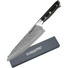 SCHNEIDWERK Professional Chef's Knife - Hammered Damascus Knife - Kitchen Knife with 21 cm Blade and 67 Layers Stainless Steel Damask - Sharp Chef's Knife Made of Damask Steel - JAS Series