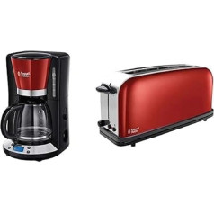 Russell Hobbs Colours+ Digital Coffee Machine Red, 1.25 L Glass Jug, up to 10 Cups & Toaster Long Slot Colours+ Red, Extra Wide 1 Long Slot Chamber, 6 Browning Levels + Defrost Function