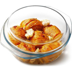 NUTRIUPS Casserole Dish with Lid, 2.5 L, 23.5 x 7.8 cm, Casserole Dish, Glass Casserole Dish with Lid, Round, Microwave-Safe, Oven Safe