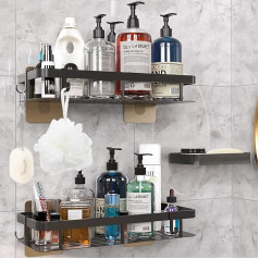 Warmodern Shower Shelf without Drilling, Shower Shelf with Soap Dish, Non-Marking Adhesive Bathroom Shelf Organiser, Rustproof Bathroom Shelf, Shower Basket Made of Space Aluminium with 4 Hooks, Pack