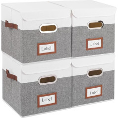 Yawinhe Foldable Storage Boxes with Lid, Set of 4, Storage Boxes with 3 Handles, Large Folding Box for Cupboards, Clothes, etc., 28 x 28 x 28 cm, White/Grey, SNK028WG-4