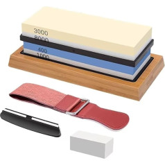 Sharpening Stone Set, Professional Whetstone for Knives, 4 Sides, 400/1000, 3000/8000 Grit Knife Sharpener with Bamboo Base, Lapping, Strop, Angle Guide (Blue)
