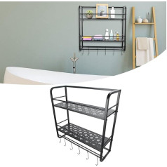 lyrlody Bathroom Shelf with 2 Layers, Black Wall Shelf Bathroom Shelf Towel Rail with Hooks, 65 x 23 x 66 cm