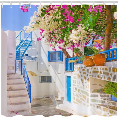 JOOCAR Design Shower Curtain Traditional Street and Door Architecture Detail with Flowers in Greece Home Decor Waterproof Fabric Bathroom Decor Set with Hooks, 72x72 Inch