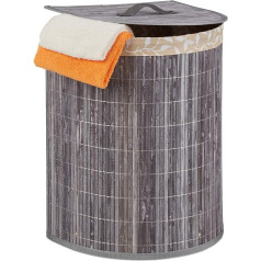 Relaxdays Bamboo Laundry Basket, 30 L, Bathroom & Bedroom, Space-Saving, Foldable, Semi-Circular Laundry Hamper with Lid, Grey