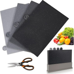 Midyb Chopping Board Set, 4 Pieces Colour-Coded Chopping Boards, Plastic Chopping Board with Storage Stand, BPA-Free, Kitchen Chopping Board for Meat, Vegetables, Fruit, Send 1 Scissors, Grey