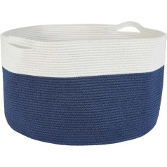 MAADES XXXL Round Laundry Basket, 120 L, D 61 x H 40 cm, Extra Large, Cotton Laundry Hamper, Storage Basket for Bathroom, Blue - White