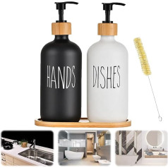 Seifenspender Küche, 2 Stück 500ml Seifenspender Schwarz mit Bambustablett, Seifenspender Glas mit Reinigungsbürste, Shampoo Lotion Handseifenspender für Küche Arbeitsplatte