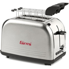 Girmi TP57 Toaster 800W Stainless Steel Housing and Tongs Large Slots Timer 8 Cooking Levels Auto Shut Off Crumb Collector