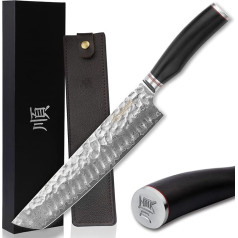 YOUSUNLONG Tante Knife 25.00 cm Chef's Knife - Japanese Hammered Damascus Steel - Natural Ebony Handle with Leather Sheath