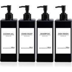 Roselee Set of 4 Soap Dispensers, Black, 500 ml Soap Dispenser, Shower, Plastic Pump Dispenser with Funnel and Waterproof Labels for Kitchen, Bathroom, Bathroom