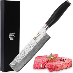 Sunlong Nakiri Knife 16.5 cm Vegetable Knife Super Sharp Japanese Chef's Knife Made of Damascus Steel - Natural Ebony Handle - Chef's Knife