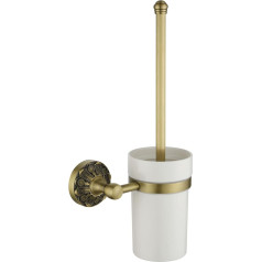 Lucyound Toilet Brush Wall Mounted Ceramic and Brass Antique Gold Toilet Brush with Wall Mount Set Toilet Brush Holder and White Container, Vintage Petal Relief Collection