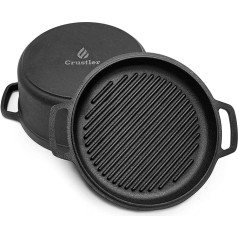 Crustler® Cast Iron Pot 26 cm 2-in-1 with Grill Pan as Lid for Baking Bread, 5 L Large Roasting Tray, Burnt Bread Baking Mould