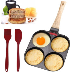 Fried Egg Pan, 4 Hole Pancake Pan with Pastry Brush and Spatula, Egg Pan with Wooden Handle, Induction Frying Pan for Breakfast, Fried Egg Steaks, Non-Stick Aluminium Pan for Induction and Gas Stoves