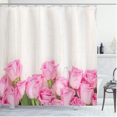 ABAKUHAUS Rose Shower Curtain Flowers on Wooden Planks Fabric Fabric Bathroom Decoration Set with Hooks 175 x 200 cm Cream Green Pink