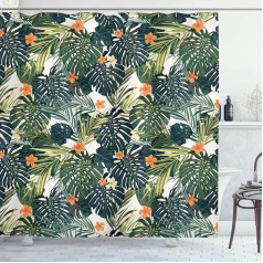 ABAKUHAUS Hawaii Shower Curtain, Colourful Polynesia Plant, Fabric Fabric Bathroom Decoration Set with Hooks, 175 x 200 cm, Jade Green Fern Green